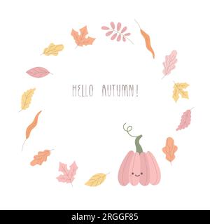 Mignon cadre rond d'automne avec citrouille rose, chêne, feuilles d'érable pour carte, bannière, web, médias sociaux. Illustration de Vecteur