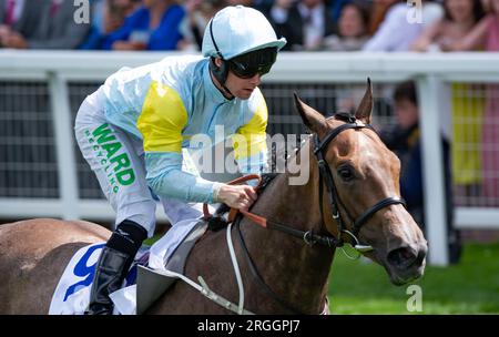 Sacred Angel et le jockey Jason Hart remportent le Group 3 Bateaux London Princess Margaret Stakes pour l'entraîneur Charlie Johnston et le propriétaire M. Nurlan Bizakov. Banque D'Images