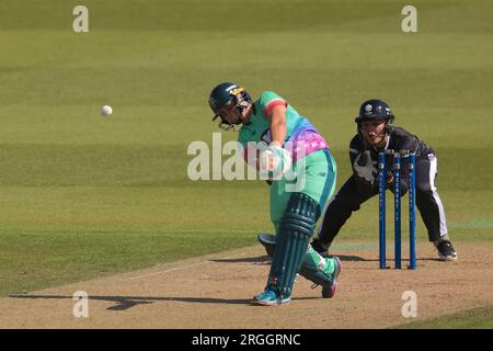 Londres, Royaume-Uni. 9 août 2023. Alice Capsey de The Oval invincibles Batting en tant que Oval invincibles affrontent les Manchester Originals dans la compétition des cent femmes au Kia Oval. Crédit : David Rowe/Alamy Live News Banque D'Images