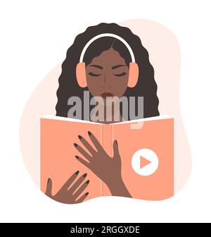 Femme noire écoutant un livre audio. Une jeune femme africaine ou afro-américaine dans un casque tenant un livre ouvert. Illustration vectorielle plate Illustration de Vecteur