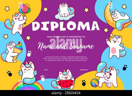 Diplôme pour enfants. Dessin animé mignon chats de caticorne et cadre de fond de certificat de caractères de chaton. Diplôme d'études de vecteur ou récompense avec personnages amusants d'animaux de chat licorne, arc-en-ciel et ballons Illustration de Vecteur