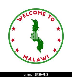 Bienvenue au timbre Malawi. Timbre rond de pays grunge avec texture dans le thème de couleur Super Rose Red. Sceau Malawi géométrique de style vintage. Illustration de Vecteur