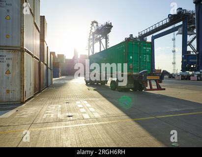 Chariot avec cargo container on dock Banque D'Images