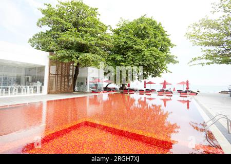 Piscine carrelée rouge à Ko Samui, Thaïlande Banque D'Images