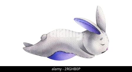 Un joli lapin gris volant cousu à partir de tissu avec des oreilles lilas et l'estomac. Illustration à l'aquarelle, dessinée à la main. Elément isolé sur un blanc Banque D'Images
