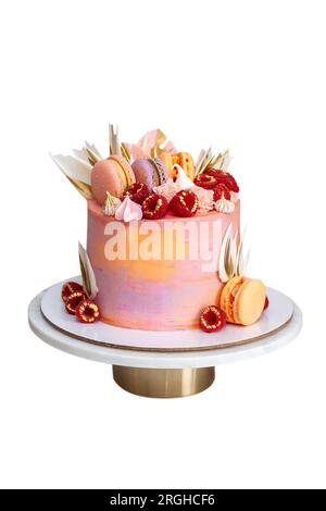 Gâteau rose décoré de framboises fraîches, pétales de chocolat, macarons et meringues isolé sur fond blanc Banque D'Images