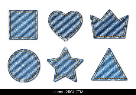 Forme de texture de denim, patchs de jeans de tissu bleu avec couture, étiquettes de tissu textile vecteur. Patchs jeans denim en forme de carré, coeur, étoile ou couronne, cadre de poche rond ou triangle avec fil jaune Illustration de Vecteur