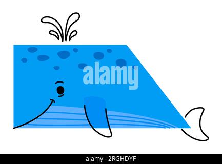 Personnage animal de baleine bleue de dessin animé en forme de maths, éducation de géométrie pour les enfants dans le doodle vectoriel. Baleine mignonne comme forme mathématique de trapèze rectangle ou figure géométrique avec visage pour la géométrie et les mathématiques Illustration de Vecteur