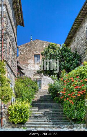 Ville de Bevagna, Ombrie, Italie. L'église Saint-François (1275) se dresse sur une colline sous un ciel bleu ; elle est accessible par un escalier flanqué de parterres de fleurs. Banque D'Images