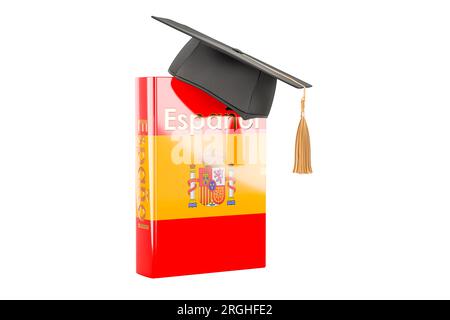 Manuel de langue espagnole avec chapeau de graduation. Apprendre la langue espagnole, cours. Rendu 3D isolé sur fond blanc Banque D'Images