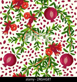 Branches de grenade à motif fruits et fleurs sans couture. Feuilles et fruits brillants, graines et lobules. Motif sans couture Shana Tova. Nouveau Ye juif Illustration de Vecteur