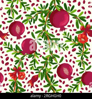 Branches de grenade à motif fruits et fleurs sans couture. Feuilles et fruits brillants, graines et lobules. Motif sans couture Shana Tova. Nouveau Ye juif Illustration de Vecteur