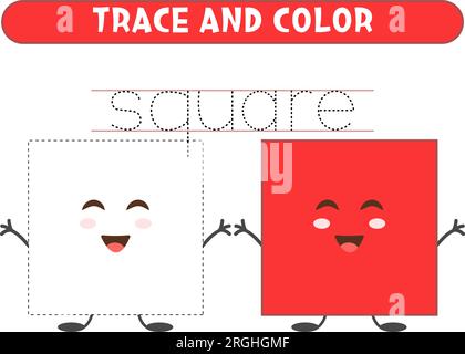 Tracez et coloriez le carré mignon. Formes géométriques de base. Feuille de travail pour les enfants. Illustration de Vecteur