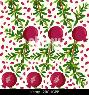 Branches de grenade à motif fruits et fleurs sans couture. Feuilles et fruits brillants, graines et lobules. Motif sans couture Shana Tova. Nouveau Ye juif Illustration de Vecteur