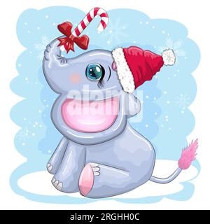 Joli éléphant de dessin animé, personnage puéril avec de beaux yeux portant chapeau de père noël, écharpe, cadeau de tenue, boule de noël ou canne à sucre. Le concept du Illustration de Vecteur