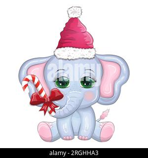Joli éléphant de dessin animé, personnage puéril avec de beaux yeux portant chapeau de père noël, écharpe, cadeau de tenue, boule de noël ou canne à sucre. Le concept du Illustration de Vecteur