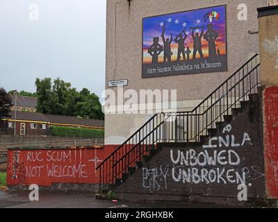 RUC Scum not Welcome, anti-PSNI graffiti, quartier de Strand Road - Durrow Park, Bogside, Derry, Irlande du Nord, Royaume-Uni, BT48 9HA Banque D'Images