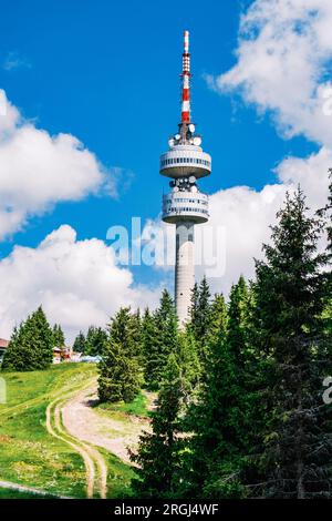 Tour de télévision Snejanka à Pamporovo, montagnes des Rhodopes, Bulgarie Banque D'Images