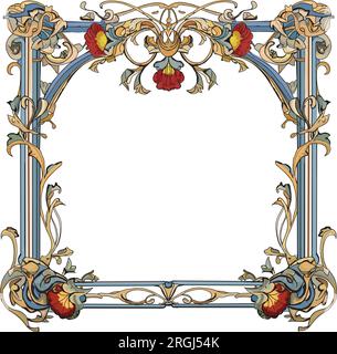 Bordure de cadre ornée avec détail de fleur d'hibiscus rouge et jaune avec des feuilles Illustration de Vecteur