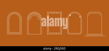 Collection de montures linéaires style Boho. Ensemble de bordure décorative décorative Bohemian pour badge, logo, carte, affiche, bannière, post. Éléments d'arc en terre cuite avec des étoiles pour le modèle de conception. Pack Vector Illustration de Vecteur