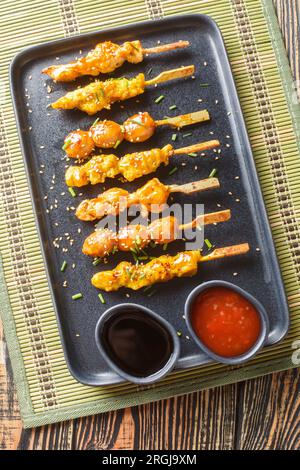 Ensemble de barbecue japonais yakitori gros plan sur une assiette sur la table. Vue verticale de dessus Banque D'Images