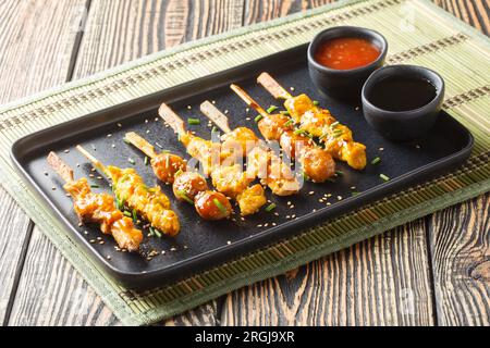 Délicieuses brochettes de poulet à la japonaise servies avec deux sauces en gros plan sur une assiette sur la table. Horizontal Banque D'Images