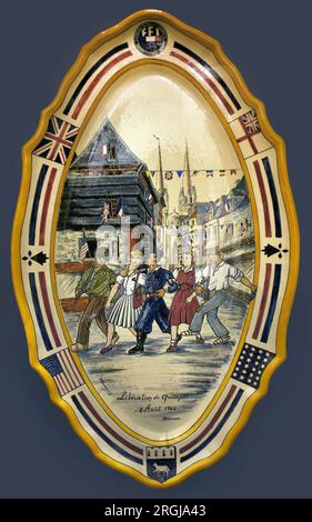 La libération de Quimper. Plat patriotique en faïence polychrome, faiencerie Henriot, 1943. Musée breton de Quimper. Banque D'Images