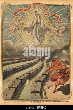 Les trains ayant pour destination le pelerinage national de Lourdes, sont accueillis par la figure de Marie Immaculée et repoussant le diable, allégorie pour illustrer la confiance et la foi des pèlerins et des malades allant prier et demander de miracles. Gravure dans 'le pelerin' 18081901. Banque D'Images