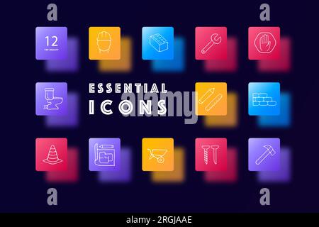 Icône de ligne de construction. Briques, mur, outils, marteau, clé, rouleau, spatule. Style Glassmorphisme. Icône de ligne vectorielle Illustration de Vecteur