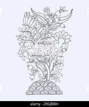 Mughal décoratif ornemental linéaire, arbre. Miniature indienne de style moghol traditionnel avec des fleurs d'arbre et le feuillage. Illustration de Vecteur