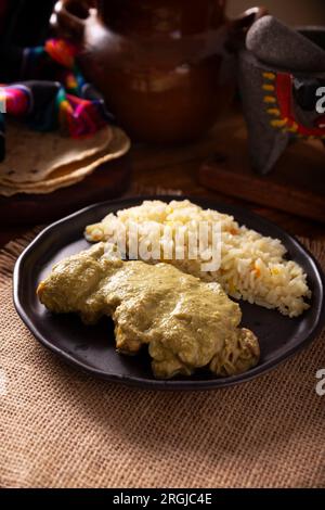 Pipian, également connu sous le nom de mole verde, nourriture du mexique et d'autres pays d'amérique latine, viande de poulet baignée dans la sauce mole à base de graines de citrouille, drie Banque D'Images