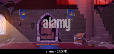 Donjon abandonné dans le château médiéval. Illustration de dessin animé vectoriel de pièce avec des drapeaux déchirés, porte en bois endommagée, poussière et toile d'araignée sur les murs de pierre, coffre au Trésor sous le vieil escalier, lumière du soleil dans la fenêtre Illustration de Vecteur
