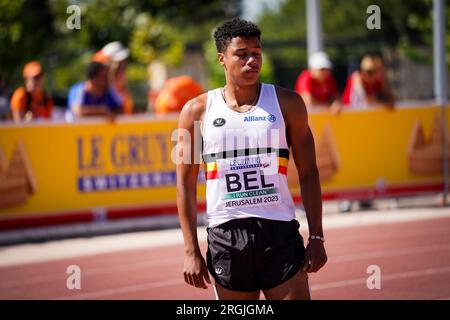 Jérusalem, Israël. 10 août 2023. Ibrahim Camara photographié lors de la course de relais 4x100m aux Championnats d'Europe d'athlétisme U20, jeudi 10 août 2023, à Jérusalem, Israël. Les championnats d'Europe se déroulent du 07 au 10 août. BELGA PHOTO COEN SCHILDERMAN crédit : Belga News Agency/Alamy Live News Banque D'Images