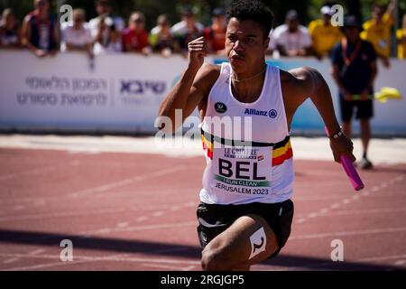 Jérusalem, Israël. 10 août 2023. Ibrahim Camara photographié en action lors de la course de relais 4x100m aux Championnats d'Europe U20 d'athlétisme, jeudi 10 août 2023, à Jérusalem, Israël. Les championnats d'Europe se déroulent du 07 au 10 août. BELGA PHOTO COEN SCHILDERMAN crédit : Belga News Agency/Alamy Live News Banque D'Images