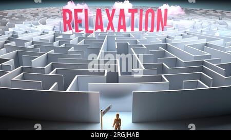 Une personne vulnérable devant un gros obstacle et un défi pour trouver un chemin vers la détente. Une lutte de passer par un labyrinthe de difficultés et de relations publiques Banque D'Images