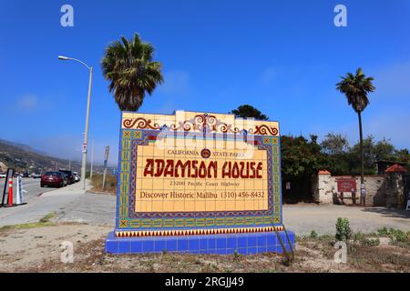 Malibu, Californie : vue détaillée de la maison et du parc historiques ADAMSON au 23200 Pacific Coast Highway, Malibu Lagoon State Beach Banque D'Images