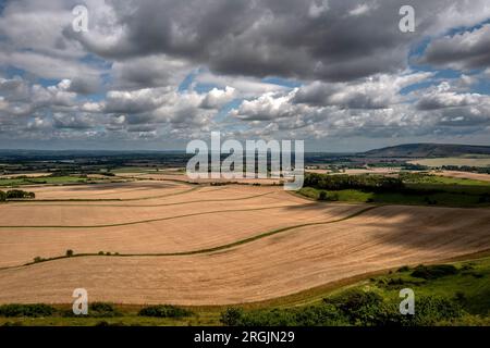 Alciston, 6 août 2023 : vue sur les terres agricoles depuis la piste du passeur Banque D'Images