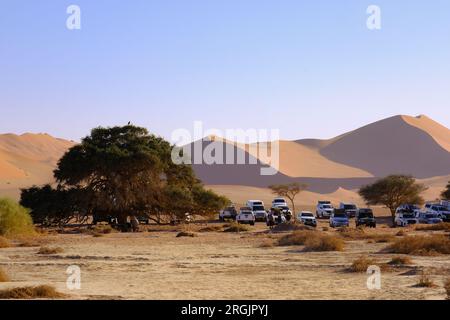 Véhicules 4x4 garés au parking à côté de la Sossusvlei Namibie Banque D'Images