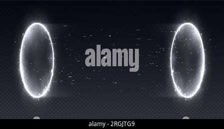 Portail magique, tunnel de téléportation réaliste avec des étincelles, anneaux de néon blanc incandescent futuriste. Illustration de Vecteur