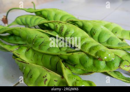 Cru de petai ou pete (Parkia speciosa). Habituellement mangé cru et cuit, populaire avec le nom de haricot puant ou haricot amer. Les plantes Pete poussent beaucoup en Indonésie Banque D'Images