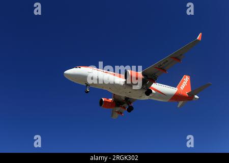 Porto, Portugal - 05 août 2023 : atterrissage de l'Airbus A320-200 OE-ICD EasyJet à OPO, aéroport Francisco Sá Carneiro Banque D'Images