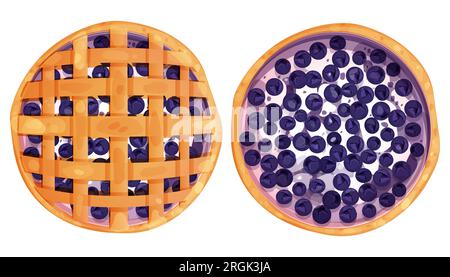 Homemde tarte, tarte vue de dessus entier avec yaourt ou crème une boulangerie ronde aux myrtilles, dessert vue de dessus dans le style de bande dessinée isolé sur fond blanc. Illustration vectorielle Illustration de Vecteur