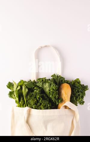 Sac en toile blanche avec baguette et légumes de salade verts et espace de copie sur fond blanc Banque D'Images