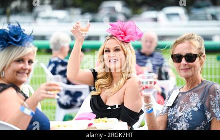 Brighton Royaume-Uni 10 août 2023 - Cheers beaucoup de chapeaux et robes fabuleux sur l'exposition que les coureurs profitent du temps chaud et ensoleillé à Brighton courses Ladies Day pendant leur Star Sports 3 jours Festival of Racing : Credit Simon Dack / Alamy Live News Banque D'Images