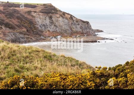 Port Mulgrave, Yorkshire, Royaume-Uni, Angleterre, commune Hippy, cabanes de pêcheurs, fossiles, commune, littoral, côtier, huttes ramshackle, Port Mulgrave Yorkshire, huttes Banque D'Images