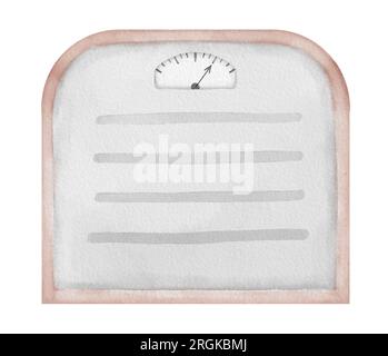 Balances de pesage. Illustration à l'aquarelle dessinée à la main de l'équipement de fitness sur fond blanc isolé. Dessin de l'équilibre sportif pour le contrôle de perte de poids. Croquis de peseur pour mesurer l'obésité. Banque D'Images