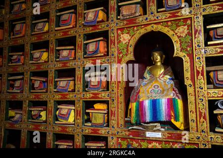 Inde, Ladakh, Zanskar, Karsha, monastère, salle de prière de Lhakang, vieux textes bouddhistes dans le cabinet Banque D'Images