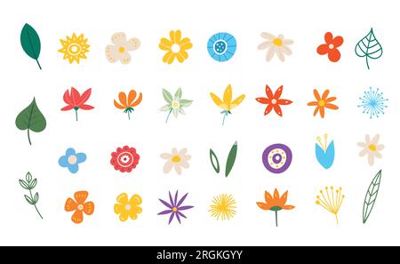 Fleurs d'été. Plantes de printemps dans le style plat isolé sur fond blanc. eléments dessinés à la main. collection avec roses, feuilles, bouquets floraux, herbes Illustration de Vecteur