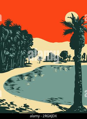 WPA affiche art de Huacachina ou l'oasis de l'Amérique , un village construit autour d'une petite oasis et entouré de dunes de sable dans le sud-ouest du Pérou fait en Banque D'Images