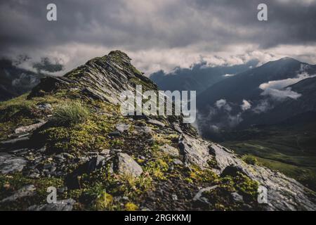 Le sommet de la montagne dans les nuages, fond, rochers envahis de plantes vertes Banque D'Images